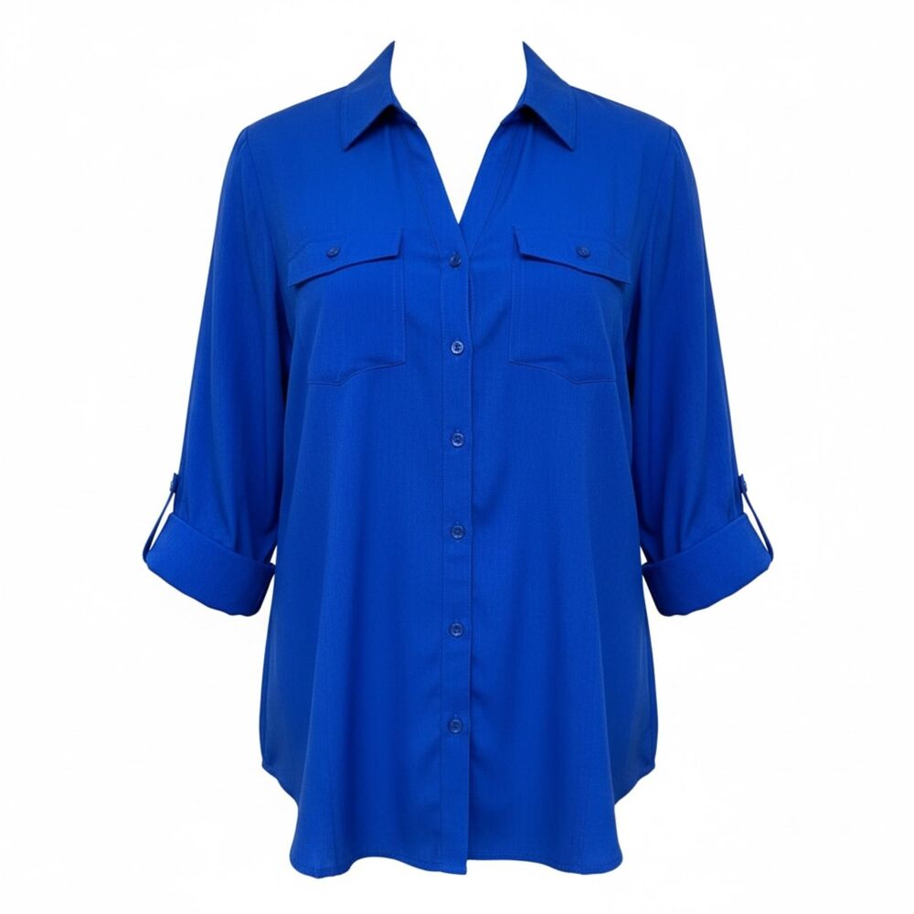 Cato Woman Royal/Cobalt Blue Button Front Roll Tab BLouse 18W/20W Plus Size